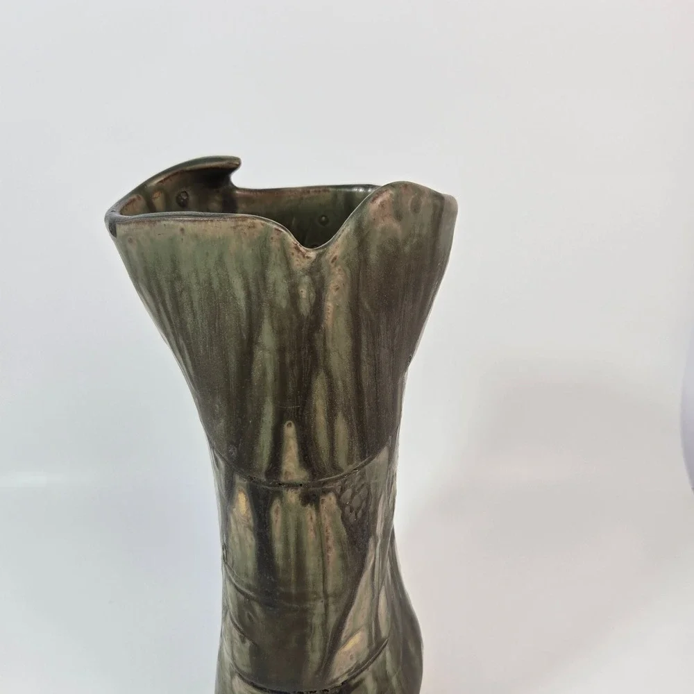 Studio Art Pottery Vase Green Charcoal Drip Glaze Organic Brutalist Stoneware 10